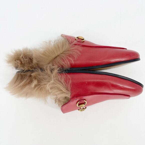 Gucci Red Leather Fur Lined Princetown Horsebit Mule Slipper Flat Loafer EU 37 - Picture 4 of 12